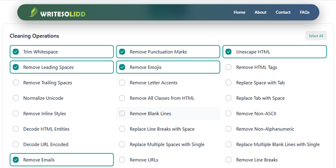 Selecting Text Cleaner Operations